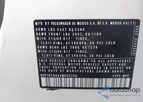 2018 Volkswagen Tiguan 2.0T S z USA, uszkodzony, nr VIN 3VV1B7AX4JM033750